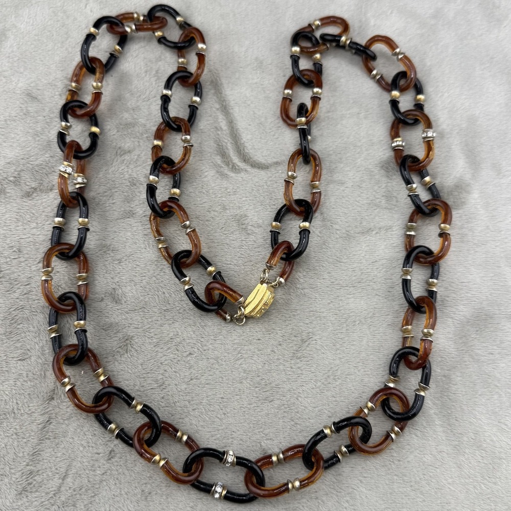 Vintage Signed Archimede Seguso Necklace Glass Link Faux Tortoise Shell 34"